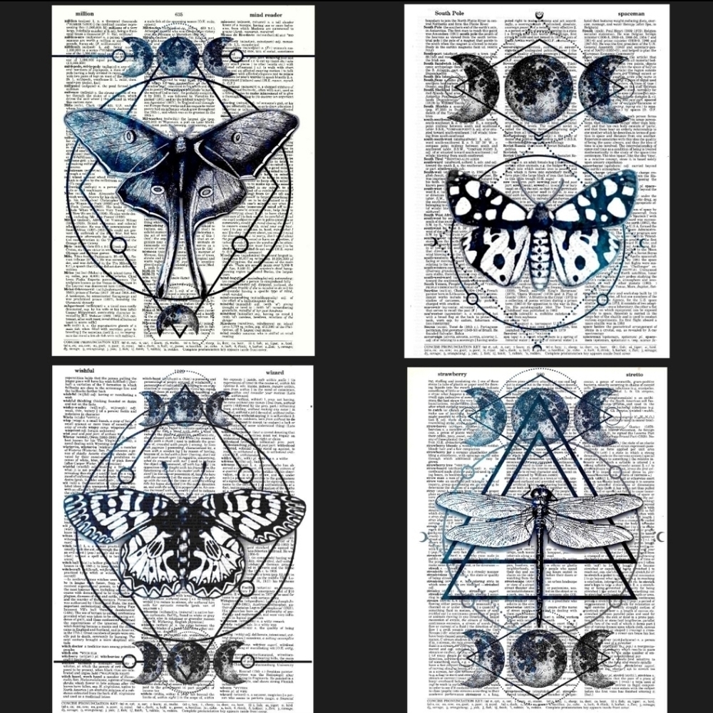 Moon Moth Sacred Geometry Spiritual Book Page Art Print Bundle Dragonfly